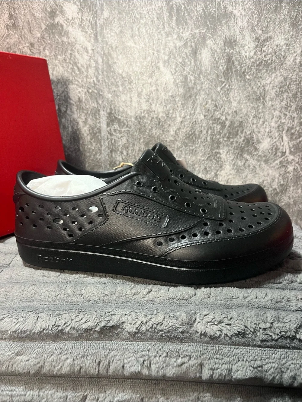 Reebok Unisex Black Perforated Rubber croc-like shoe